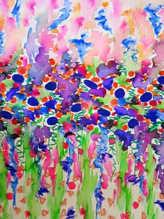 an abstract painting with lots of flowers on it