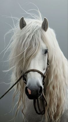 a white horse with long blonde hair standing next to a body of water