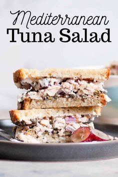 two sandwiches stacked on top of each other with the words mediterranean tuna salad in the middle