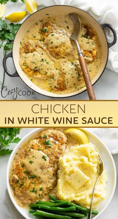 Chicken in white wine sauce with a side of mashed potatoes and green beans Chicken In White Wine Sauce, Chicken In White Wine, Chicken White Wine Sauce, Seasoned Chicken Breast, White Wine Sauce Recipes, Seasoned Chicken, Squeezed Lemon, White Wine Sauce