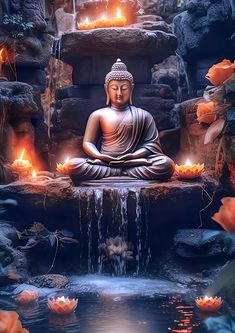 a buddha statue sitting on top of a waterfall surrounded by water and lit up with candles