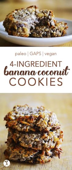 four ingredient banana coconut cookies stacked on top of each other with the title text overlay