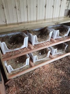 several white plastic containers filled with straw and hay sitting on top of a wooden shelf