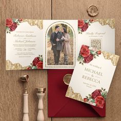 wedding stationery with red roses and gold trim