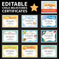 Editable Child Milestones Certificates (15) Graduation Diploma, Kindergarten Reading Activities, Awards Certificates Template, Ride A Bike, The Tooth Fairy, Award Certificates, Learn To Swim, Kindergarten First Day, Kindergarten Reading