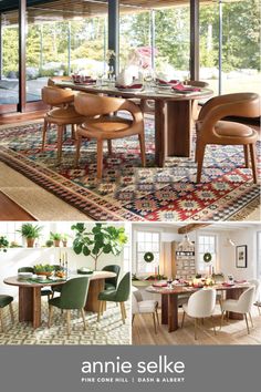 the dining room table is surrounded by chairs and rugs