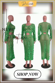 Hand-knitted Cutout Sequin Beach Dresses Green Knit Summer Dress, Knitted Stretch Dress For Vacation, Stretch Knitted Dresses For Vacation, Long Sleeve Knit Crochet Beach Dress, Green Knit Party Dress, Hollow Out Beach Dress For Spring Party, Summer Party Cover-up With Long Sleeves, Spring Party Beach Dress With Hollow Out Details, Summer Party Long Sleeve Cover-up