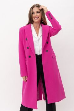 Lora Double Breasted Long Sleeve Mid Length Coat - Fason De Viv Outerwear Pink Coat Outfit, Mid Length Coat, Knee Length Jacket, Hot Pink Fashion, Pink Trench Coat, Trench Coat Outfit, Multiple Outfits, Outfit Primavera, Double Breasted Trench Coat