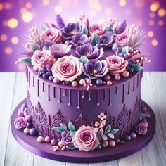 a purple cake decorated with flowers and icing