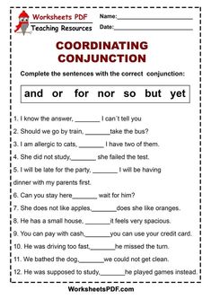 worksheet for conjunctions with words and pictures to help students understand what they are doing