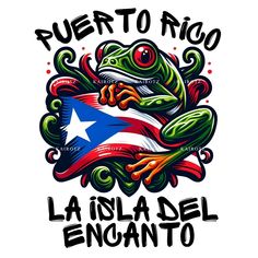 a frog with the puerto flag on it's back and words in spanish,