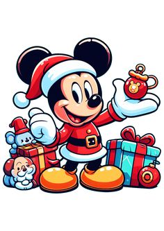 a cartoon mickey mouse with christmas presents