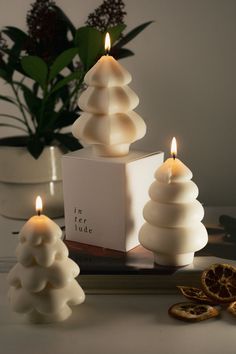 three white candles sitting on top of a table next to some cookies and oranges