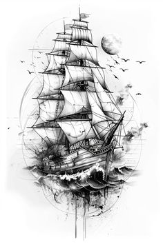 an artistic drawing of a ship in the ocean with birds flying around it and clouds