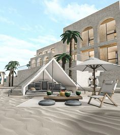 an outdoor lounge area with chairs, umbrellas and palm trees in front of a building