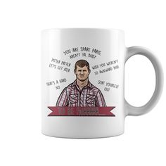 a white coffee mug with an image of a man's face and words on it