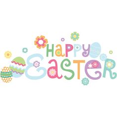 the words happy easter are decorated with colorful flowers and an egg on it's side