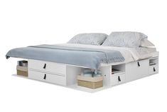 a bed with two drawers underneath it and a blue blanket on the headboard, in front of a white background