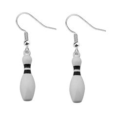 pair of white and black bowling ball earrings on silver earwires against a white background