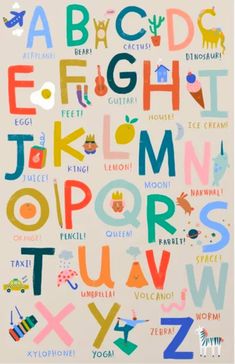 the alphabet is made up of different types of letters, numbers and symbols in bright colors