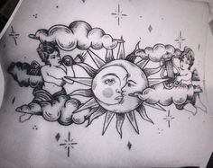 a drawing of the sun and moon with people on it's side, surrounded by clouds