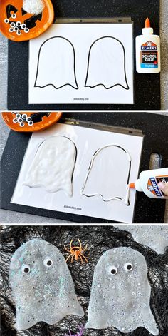 halloween crafts for kids to make with paper plates and glue, including ghost heads on the table