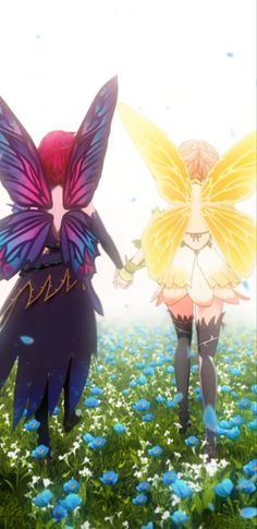 two anime characters are walking in the grass with butterflies on their wings and holding hands