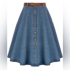 -Nwt -Size L -With Belt -Light Blue Denim -Pockets -Stretch Elastic Fit -68%Cotton, 30%Polyester, 2%Elastane -Outside Of Amazon Return Window, No Zipper As Advertised On Amazon Flared Midi Skirt, Denim Button Skirt, Jean Fabric, Fabric Skirt, Embellished Skirt, Skirt With Belt, Midi Flare Skirt, Denim Pocket, Jeans Fabric