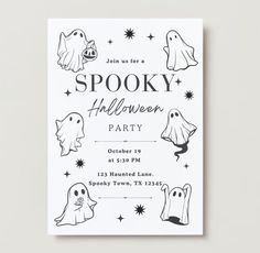 a spooky halloween party card with ghost faces and stars on the front, in black and white