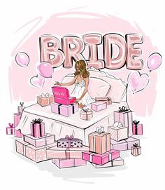 a woman sitting on top of a bed surrounded by boxes and presents with the word bride written above it