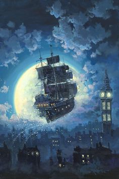 DISNEY LIMITED EDITION: SAILING INTO THE MOON Giclée On Canvas DISNEY FINE ART Peter Pans, Terra Do Nunca, Disney Fine Art, Images Disney, Wallpaper Disney, Frozen Disney, Art Disney, Wallpaper Iphone Disney, Pinturas Disney