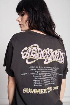 Who doesn’t love an oversized band tee? This Aerosmith Summer Tour tee has everything you would want in a band tee. The front of the shirt features authentic tour graphics from their 1985 Summer Tour, with all of the tour dates on the back for the perfect vintage concert tee look. Our oversized unisex tee is designed with a ribbed crew neckline, short sleeves, and soft cotton fabric for a comfy worn-in feel. Details Style #302209 Color: Vintage Black Vintage Style Aerosmith Summer Tour 1985 Unis Graphic Tees Rock Bands, 70s Band Tee, Concert Tour Shirts, Concert Shirt Design, Band Tour Tshirt, Vintage Concert Tee, Vintage Tour Shirt, Concert Tee Design