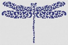 a cross stitch pattern with a blue dragonfly on it's back and white background