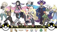 some anime characters are standing together in front of a sign that says gym leaders kalos