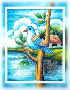 a drawing of a bird perched on a tree branch next to the water with clouds in the background