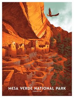 an image of a bird flying in the sky over a canyon with ruins and trees