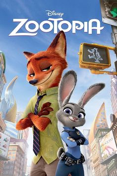 the movie poster for zootopia features two rabbits and a man in a suit