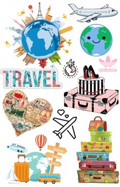 an image of travel stickers on the back of a bag and suitcases with luggage around it