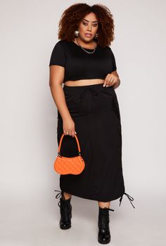 High Waisted, Midi Length, Cargo Pocket(s), Ruching, Solid, Item Number 3862056725368 Plus Size Cargo, Cargo Midi Skirt, Midi Skirt Black, Cargo Pocket, Plus Size Skirts, Skirt Black, Item Number, Midi Length, Plus Size Outfits