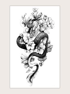 Dragon Tattoo With Flowers, Snake And Flowers, Tattoo Pieces, Black Dragon Tattoo, Small Dragon Tattoos, Dragon Sleeve, Dragon Tattoo Art, Dragon Sleeve Tattoos