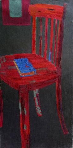 a painting of a red chair and table with a book on it's side