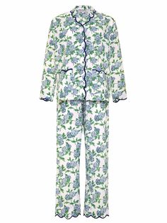 Hydrangea Pajamas with Scalloping Blue Floral Pajamas, Blue Floral Bridesmaid Pajamas, 100% Cotton Pajamas Women, Summer Cotton Block Print Sleepwear, Blue Floral Print Sleepwear, Home Wear Women, Designer Loungewear, Average Woman, Floral Pajama Set