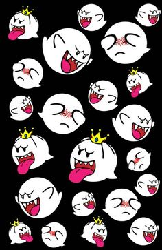 an image of cartoon faces with different expressions on black background, including the crown and tongue