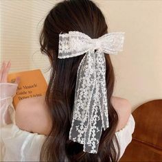 Measurements In Photos Hair Bow Inspiration, Bows Hair Accessories, Lace Ribbon Hair, White Bow Aesthetic, Angelic Accessories, Grandma Outfit, Lace Hair Accessories, Spring Hair Accessories, Kawaii Hair Accessories