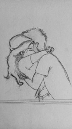 a pencil drawing of a man kissing a woman's head with her arm around him