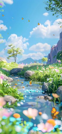 an animated landscape with flowers and rocks in the foreground, water running through it