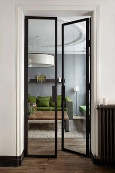 streamlined-steel-french-Interior-double-door-interior-no-threshold-cifd-in015-1-lite-square-transom Pintu Interior, Steel French Doors, Glass Door Design, Doors Indoor, Aluminum Door, Glass Doors Interior, Green Sofa, Pantry Door, Open Door