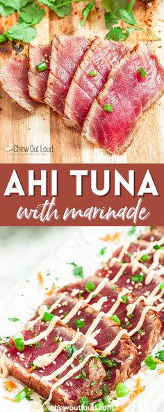 ahi tuna with avocado on a cutting board and the title above it reads ahi tuna with avocado