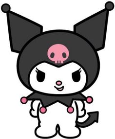 a black and white cartoon character with pink eyes