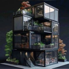 a tall building with lots of windows and balconies on the top floor is made out of shipping containers